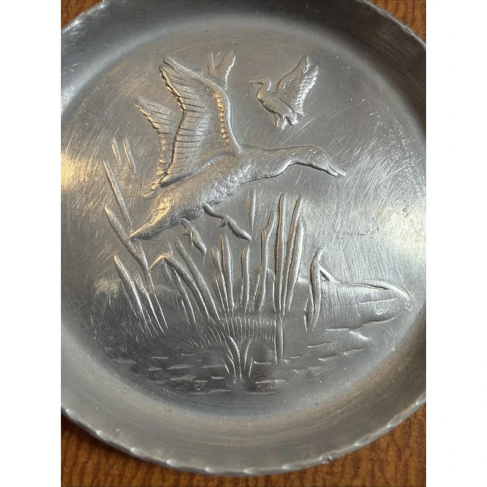 Vintage Aluminum Coaster Duck & Cattails Reeds Embossed Design